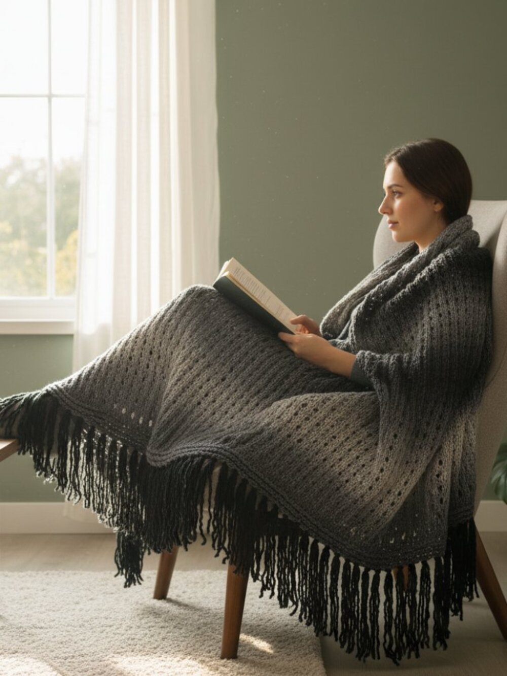 NEW Gray Ombre Handmade Knitted Afghan Throw Cottage Coastal Boho Farmhouse Gift